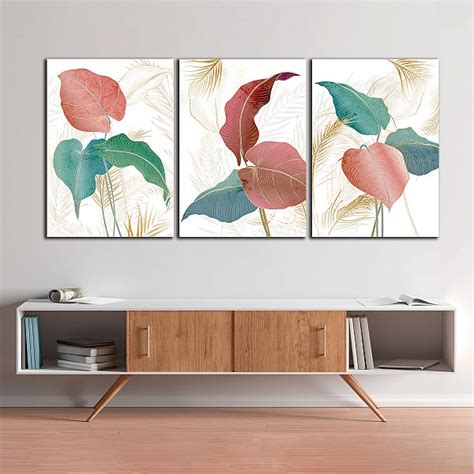 Quadros Decorativos Trio Em Canvas Folhas Em Detalhes Rosa E Azul