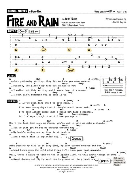 Song Notes By David Pots Fire And Rain Sheet Music In A Major