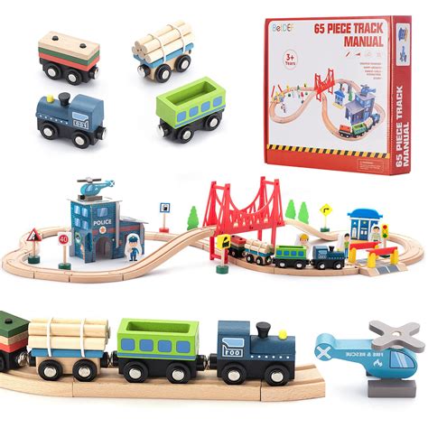 Wooden Train Set 65PCS, BetDEF Toy Train Sets with All-Wood Double ...