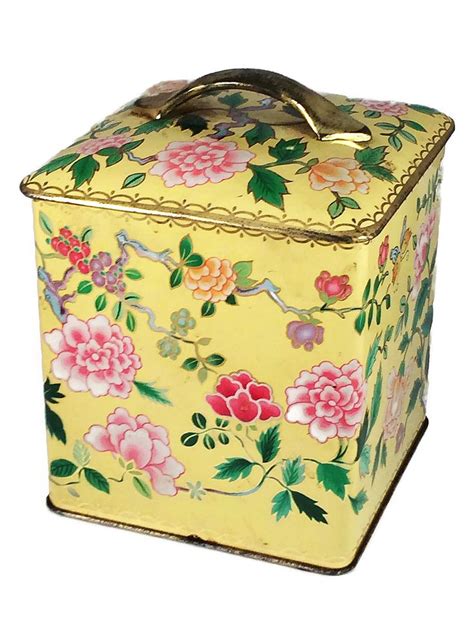 Vintage Tin Box Yellow With Pink And Green Flowers Vintage Tea Tins Vintage Tins Tin