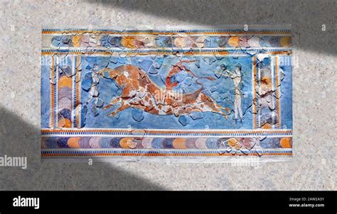 The Minoan Bull Leaping Fresco Depicting An Athlete Leaping Over A