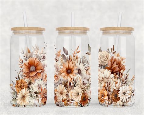 Boho Flowers 16oz Libbey Glass Can Sublimation Design Floral Glass Can