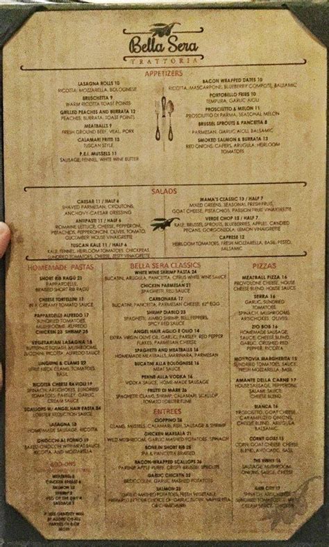 Menu At Bella Sera Trattoria Pub And Bar Monrovia