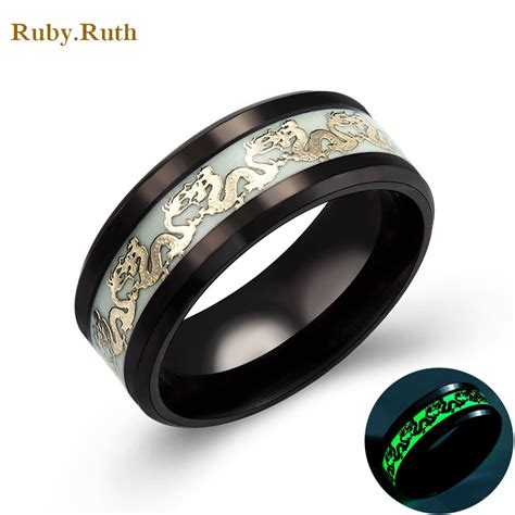 Luminous Dragon Rings for Men Black Gold Silver Stainless Steel Women Rings Glow Dark Male Ring ...