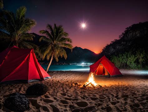 Ai generative camping scene with tent on sandy beach at night under ...