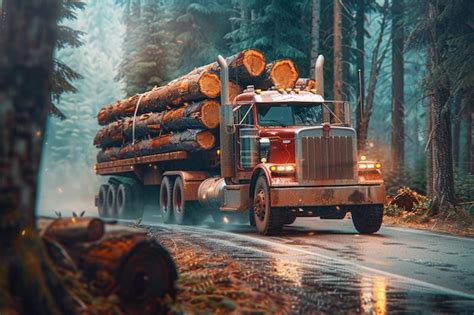 Premium Photo Logging Truck Loaded With Freshly Cut Logs On Their Way