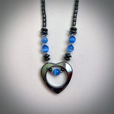 Hematite Open Heart Pendant Blue Cats Eye Necklace Cj 011 Cat Eye Necklace Eye Necklace