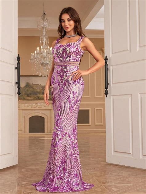 Double V Neck Cut Out Mesh Insert Colorblock Sequin Prom Dress Shein Usa