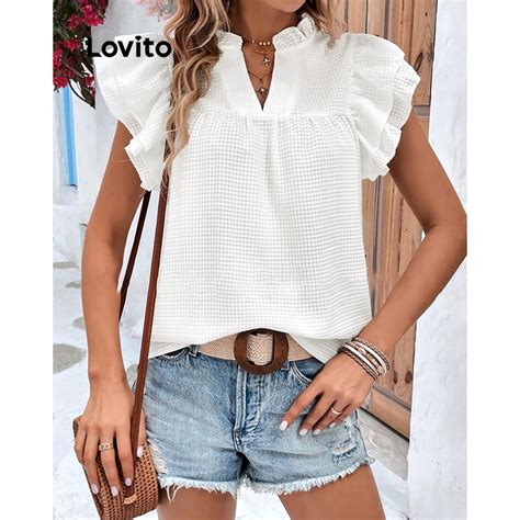 Lovito Blusa Casual Feminina Babados E Alface Acabamento Em