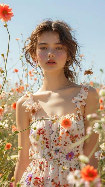 Premium Photo Petite Woman Model With Floral Print Sundress With