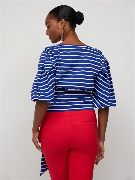 Striped Wrap Waist Puff Sleeve Poplin Top Nyandco