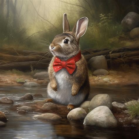 premium ai image  rabbit   red bow  standing   stream
