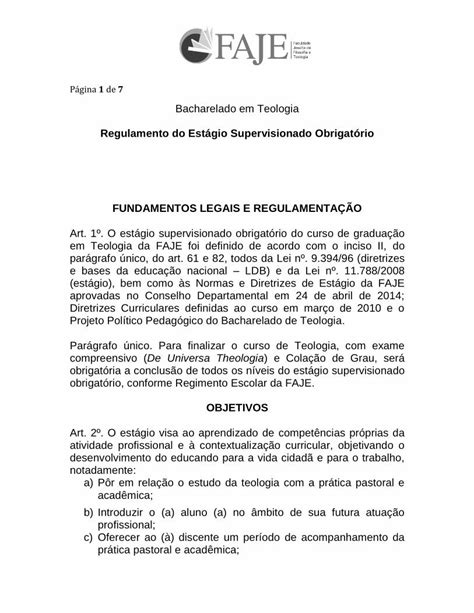 Pdf Regulamento Do Est Gio Supervisionado Obrigat Rio P Gina De