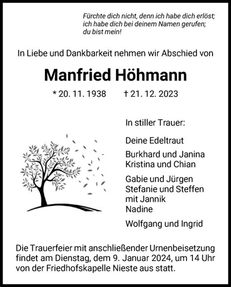 Traueranzeigen Von Manfried H Hmann Trauer Hna De