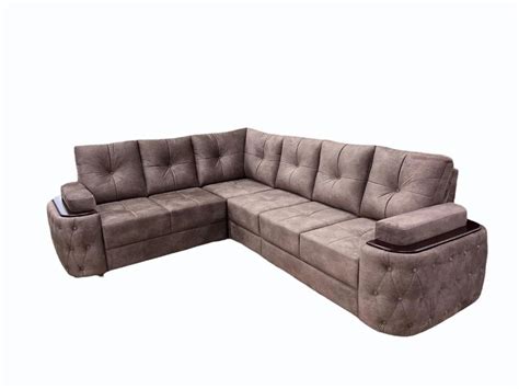 Velvet Peach 5 Seater L Shape Wooden Sofa Set Without Lounger At Rs