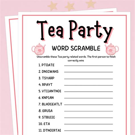 Tea Party Word Scramble Printable Tea Party Games Ladies Tea Party