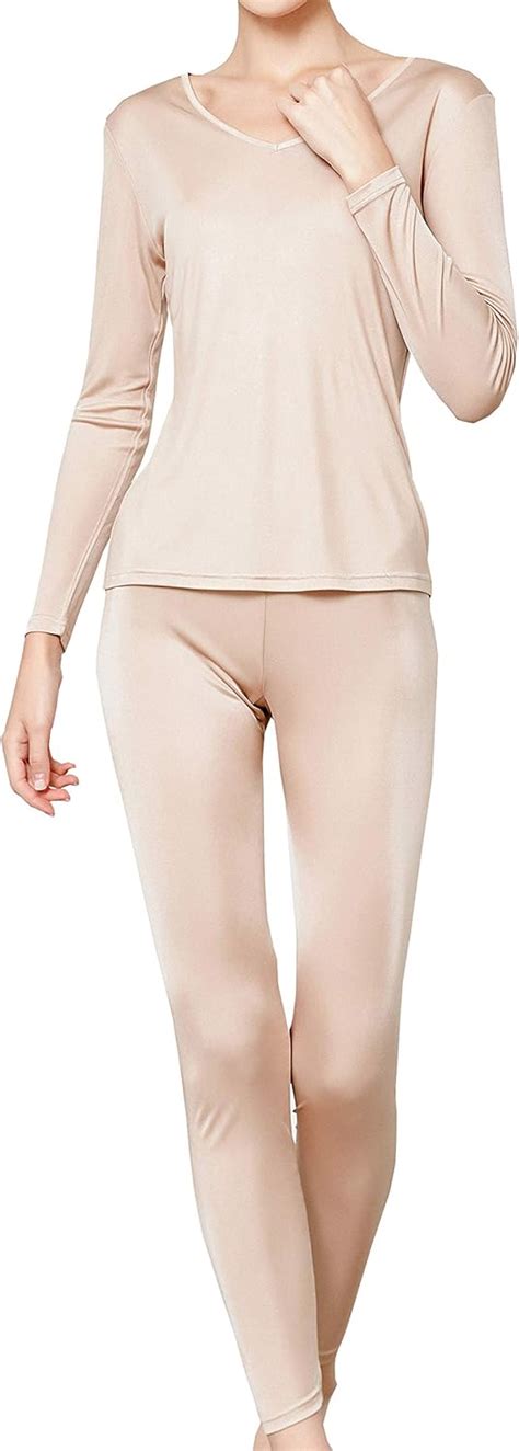 Metway Women S Silk Long Johns V Neck Silk Thermal Underwear Sets Winter Silk Long Underwear At