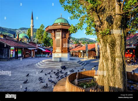 Bascarsija Square With Sebilj Wooden Fountain In Old Town Sarajevo