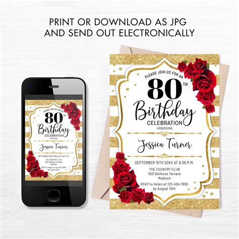 80th Birthday Invitation Instant Download Digital Template Etsy