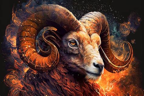 Aries Astrological Zodiac Sign Symbol Animal Ram On Dark Space Cloud