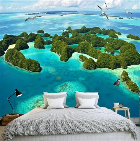 blue sky sea mew beach green tree photo mural wallpaper for living room ...