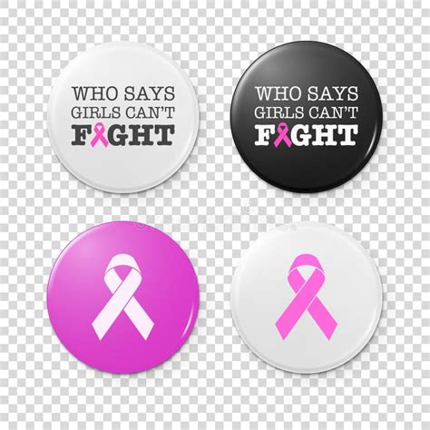 Realistic Button Badges With Cancer Theme Inscription And Pink Ribbon Symbol Of Breast Cancer