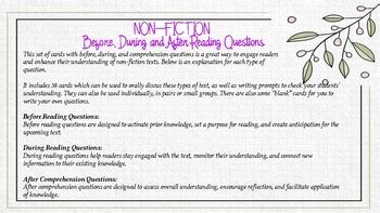 Nonfiction Before During After Reading Comprehension Question Cards