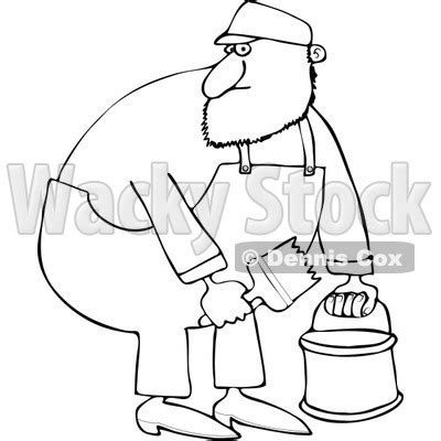 Cartoon Of An Outlined Painter Man Holding A Bucket And Brush Royalty