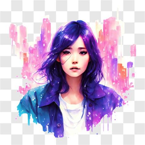 Download Colorful Anime Inspired Artwork Featuring A Girl With Purple Hair And Blue Eyes Png