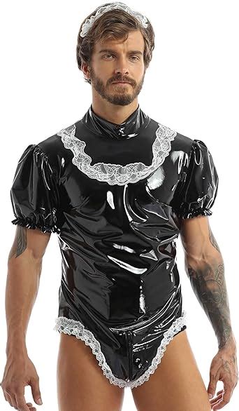 YiZYiF Herren Wetlook Dienstmädchen Kostüm Body Sissy Dessous Overall