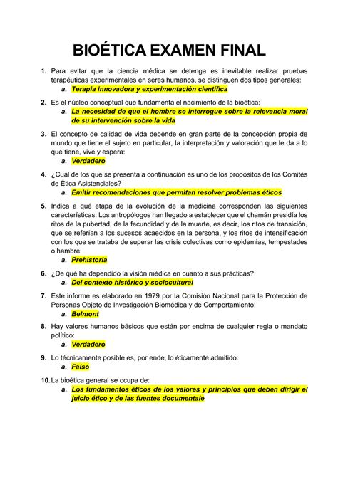 Bioética Examen Final BIOÉTICA EXAMEN FINAL 1 Para evitar que la