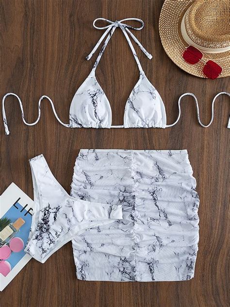 SHEIN Swim Vcay Bañador bikini micro triángulo con estampado de mármol