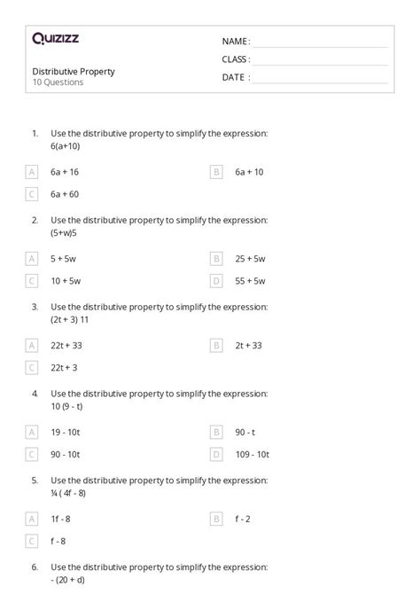 Distributive Property Worksheets For Th Grade On Quizizz