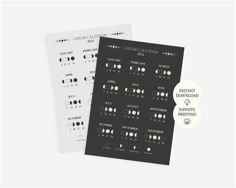 Lunar Calendar 2024 Moon Phases 2 Set Poster Black Minimal Witchy ...