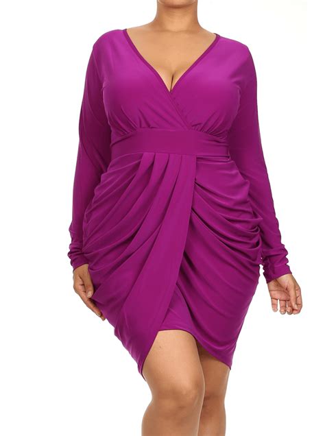 Plus Size Long Sleeve V Neck Bubble Purple Dress Plussizefix