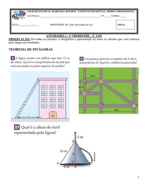 Atividades 1 2o Ano Teorema De Pitágoras E Trigonometria Pdf