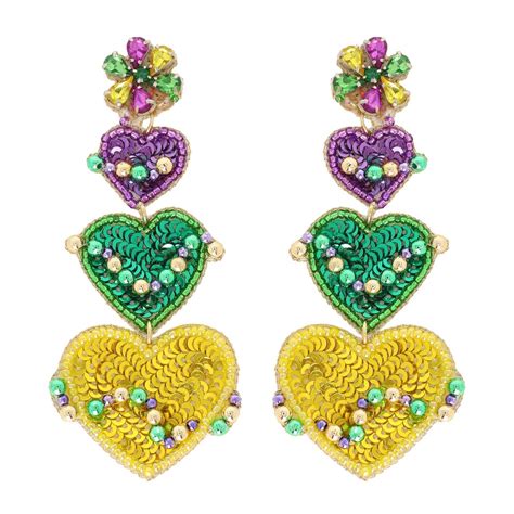 E13982 Pumt Mardi Gras Gemstone Beaded Heart Drop Earrings