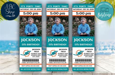 Printable Miami Dolphins Birthday Ticket Invitations DIY Bobotemp