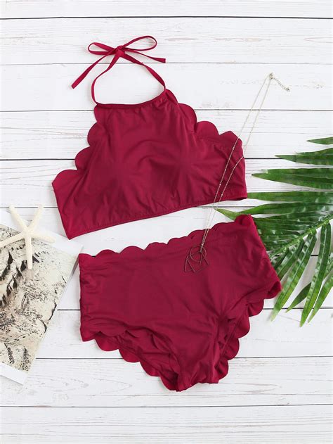 Burgundy Scalloped Trim Halter Bikini SetFor Women Romwe