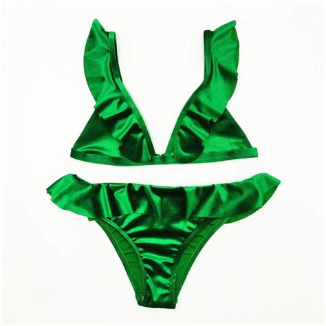 2 Uds Conjunto De Bikini Sexy De Terciopelo Brillante Con Volantes A La