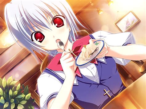 Gray haired anime girl eating cake graphic illustration HD wallpaper ...