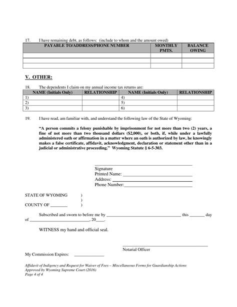 Wyoming Affidavit Of Indigency And Request For Waiver Of Filing Fees