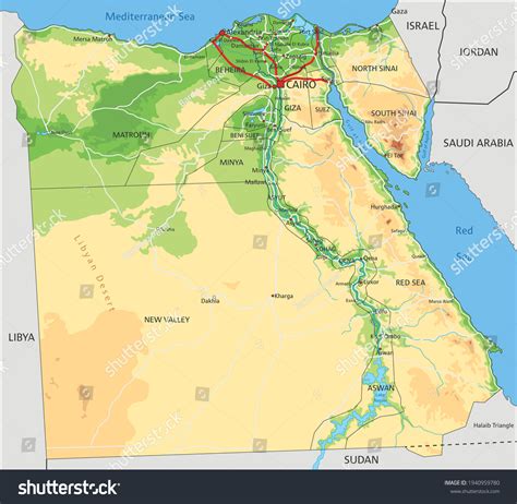 Vektor Stok Highly Detailed Egypt Physical Map Labeling Tanpa Royalti