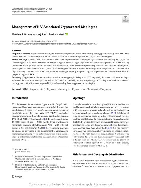 Management Of Hiv Associated Cryptococcal Meningitis Request Pdf