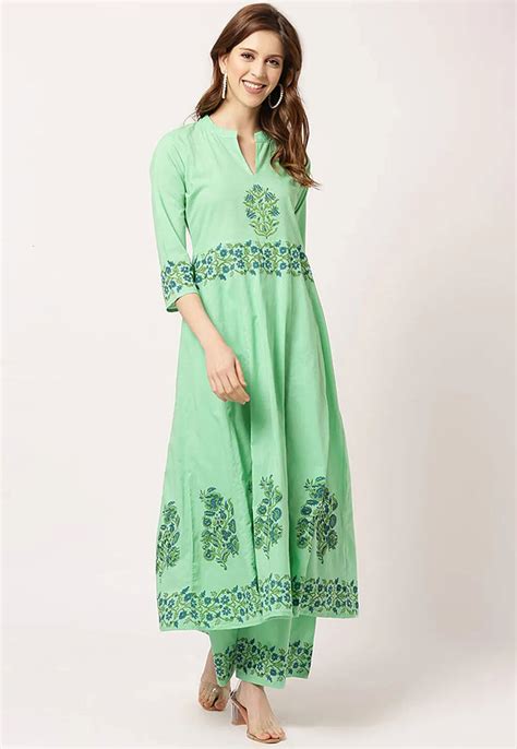 Buy Block Printed Pure Cotton Anarkali Kurta Set In Light Green Online