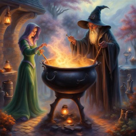 Warlock And Witch Casting Spells Over A Cauldron Ai Generated Artwork