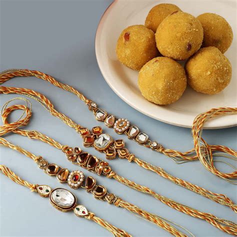 Set Of Kundan Rakhi With Besan Ladoo Gift Send Rakhi Gifts Online