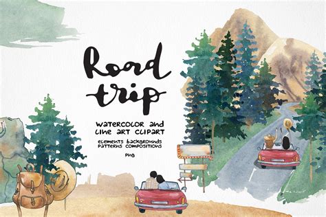 Road Trip Clipart | Watercolor Car Travel PNG - Design Cuts