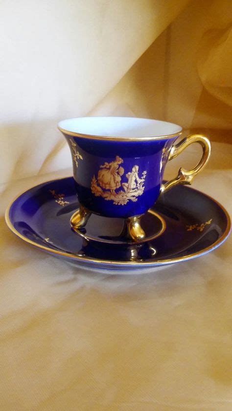 Vintage Limoges France Footed Demitasse Cup And Saucer Cobalt Blue And