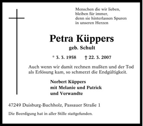 Traueranzeigen von Petra Küppers Trauer in NRW de